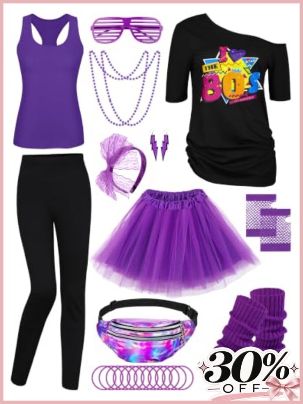 Halloween 80s Costume Accessories Set 24 Piece T-shirt Tutu Pants Fanny Pack